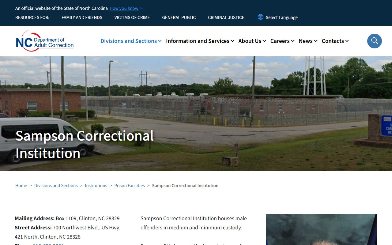 Sampson Correctional Institution inmate lookup official NCDAC page