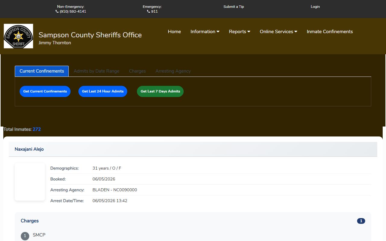 Sampson County inmate records current confinements roster search